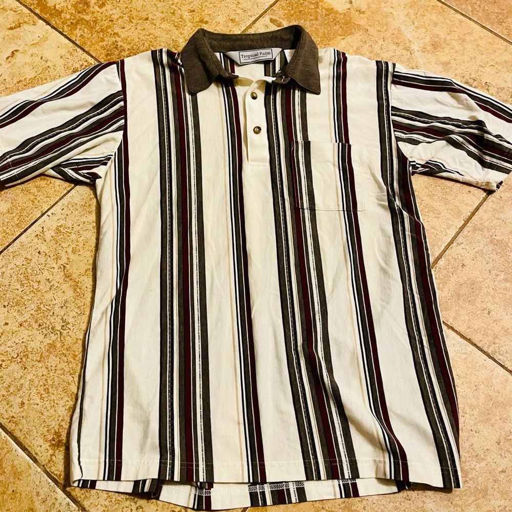 Tropical Palm Men's Striped Polo Shirt - size medium white/brown/red stripes